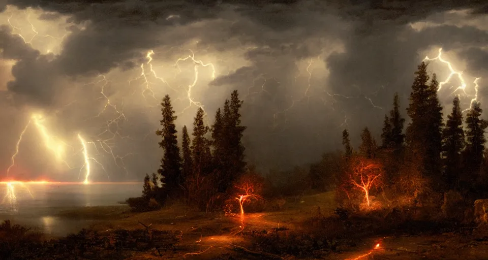 Image similar to red glow, windy, by eugene von guerard, ivan shishkin, night, lightning!!, storm!, dramatic lighting, concept art, trending on artstation, 8 k