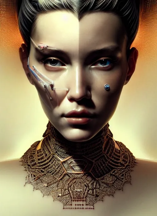 Image similar to a highly detailed photo of very intricate female face full - length portrait, futurism, rococo cyber tattoo lighting, detailed futuristic fibonacci jewelry, profile posing, hyper photorealistic, crispy quality, digital photography, trending in pinterest, cinematic, 4 k ultra hd, art by pascal blanche, art by greg rutkowski, art by artgerm,