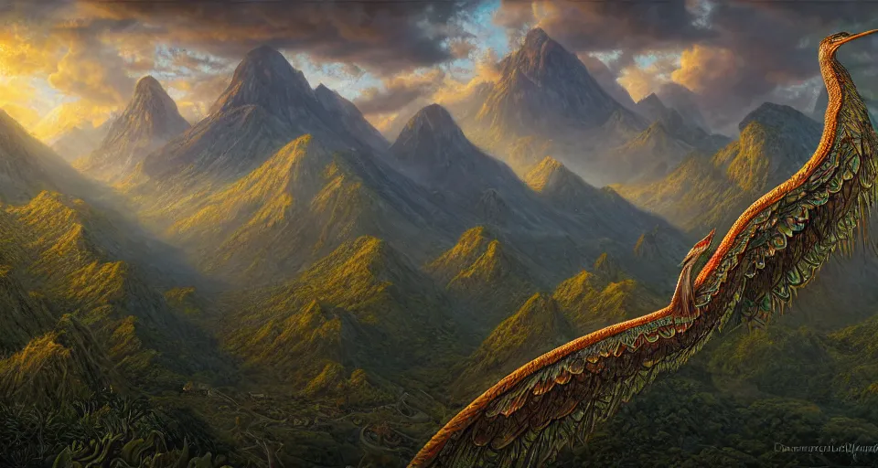 Prompt: a beautiful ultradetailed matte painting of Quetzalcoatl flying over a lush mountain range at dusk by tomasz alen kopera and Justin Gerard and Dan Mumford, tarot card, dazzling energy, ultra wide angle shot, high angle shot, intricate, fractal magic, rays of god, hyperdetailed, micro details, volumetric lighting, 8k, ray tracing, polarized lens