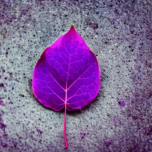 Prompt: closeup photo of one purple leaf flying above a city, aerial view, shallow depth of field, cinematic, 8 0 mm, f 1. 8