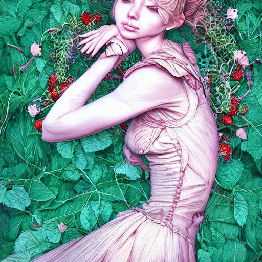 Prompt: the portrait of an absurdly beautiful, graceful, elegant, chaste, young woman made of strawberries and green petals, an ultrafine detailed illustration by kim jung gi, irakli nadar, intricate linework, bright colors, octopath traveler, final fantasy, angular, unreal engine 5 highly rendered, global illumination, radiant light, detailed and intricate environment