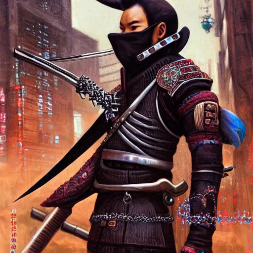 Image similar to Ninja samurai cowboy cyborg, high detail, 4 K, cyberpunk, depth of field, unreal engine. Chie Yoshii style,