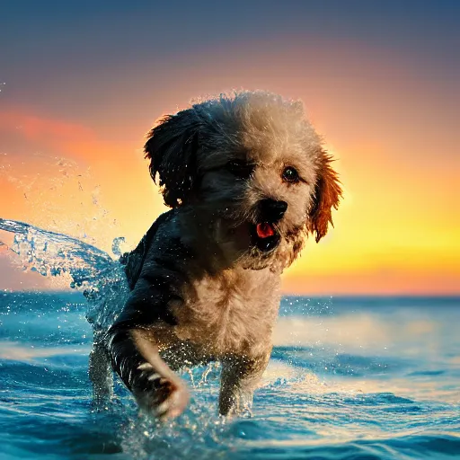 Image similar to a closeup photorealistic photograph of a cute smiling tiger bichon puppy splashing in the surf during sunset. professional capture, well lit shot. this 4 k hd image is trending on artstation, featured on behance, well - rendered, extra crisp, features intricate detail, epic composition and the style of unreal engine.