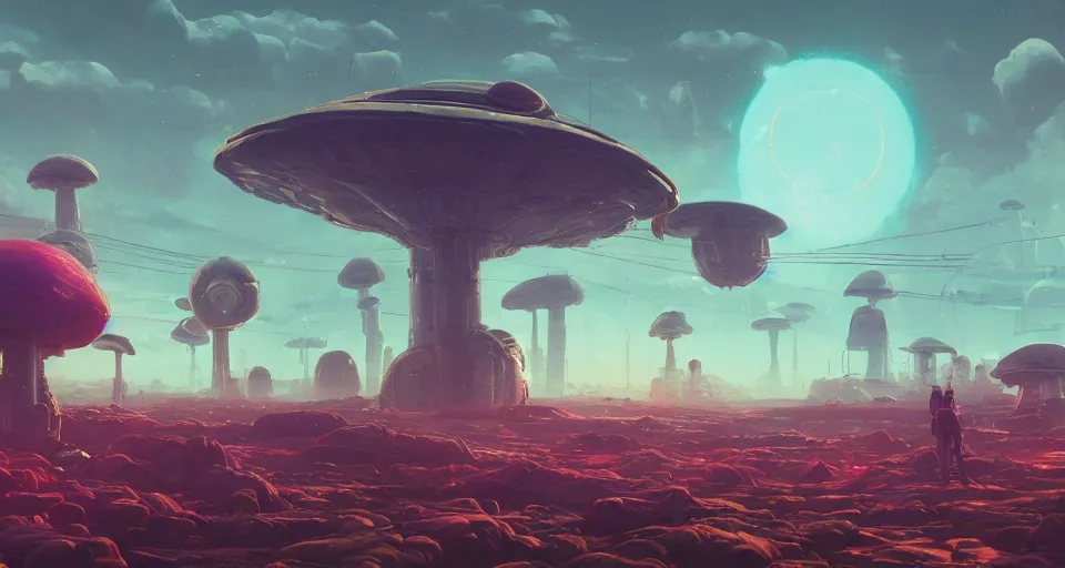 Image similar to GIANT MECHANICAL FUNGUS, landscape, center composition, cinematic, rendered by simon stålenhag, rendered by Beeple, Makoto Shinkai, syd meade, Gundam Style, environment concept, digital art, starwars, unreal engine, 3 point perspective, WLOP, trending on artstation, low level, 4K UHD image, octane render,