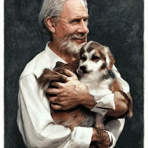 Image similar to portrait of a old, ruggedly handsome man holding a corgi dog, soft hair, muscular, full body, cloth, hairy, d & d, fantasy, intricate, elegant, highly detailed, digital painting, artstation, concept art, smooth, sharp focus, illustration, art by artgerm and greg rutkowski and alphonse mucha