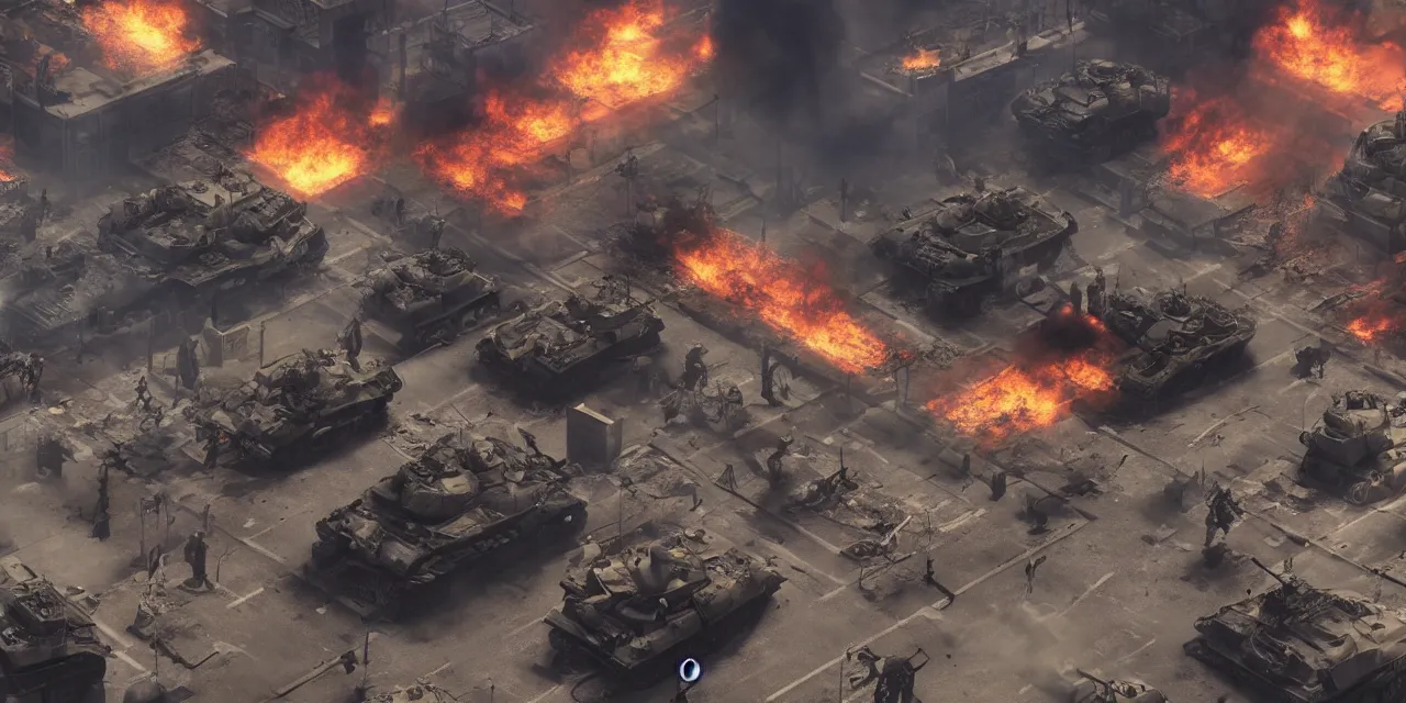 Prompt: tanks burning city, army, crowds of people, banners, volumetric lighting, unreal engine, realistic