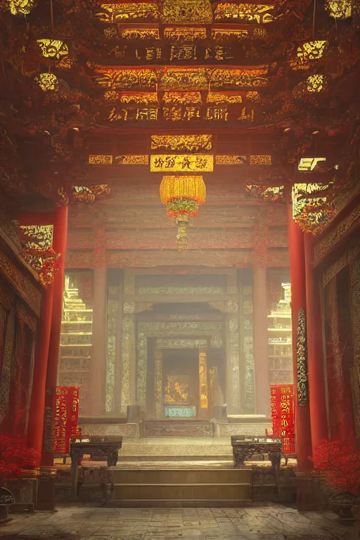 Prompt: inside a luxurious chinese temple, portrait, powerfull, intricate, elegant, volumetric lighting, scenery, digital painting, highly detailed, artstation, sharp focus, illustration, concept art, ruan jia, steve mccurry