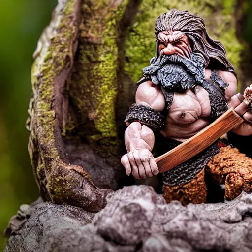 Image similar to high - res photograph of a claymation sculpture action figure warrior dwarf, highly detailed sculpey diorama, forest setting, waterfall backdrop, smooth, sharp foccus, commercial product photography,