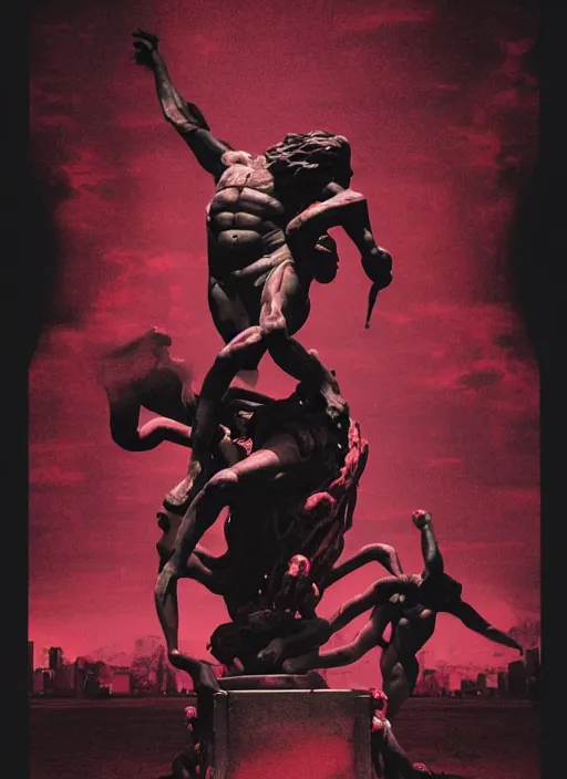 Prompt: black background with very subtle red and purple design elements, statue of laocoon and his sons, powerful, nekro, graphic design, collage art, thin lines, dark, glitch art, neo vaporwave, gritty, layout frame, square, trending on artstation