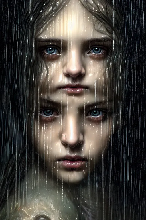 Image similar to portrait of a girl in the upside down rain with wet hair and face, fantasy, intricate, elegant, dramatic lighting, emotionally evoking symbolic metaphor, highly detailed, lifelike, photorealistic, digital painting, artstation, concept art, smooth, sharp focus, illustration, art by John Collier and Albert Aublet and Krenz Cushart and Artem Demura and Alphonse Mucha