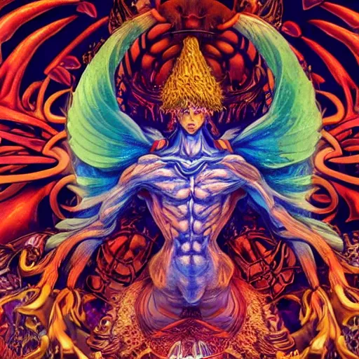 Prompt: 4K headshot of godlike mushroom with defined arms and open hands and bloody clothes with giant mandala wings , intricate face , flawless anime cel animation by Kentaro Miura, psychedelic , highly detailed upper body , professionally post-processed , beautiful, scary, symmetry accurate features, epic, octane rendered, anime masterpiece, accurate