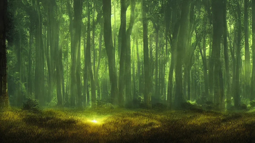 Prompt: portrait of an ethereal evergreen forest made of green and blue light with a log cabin made of golden light, divine, cyberspace, mysterious, dark high-contrast concept art