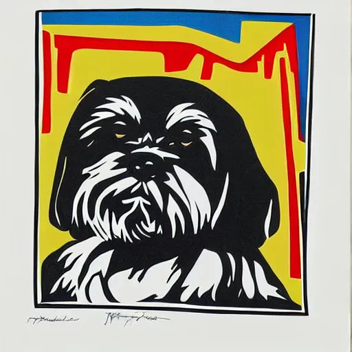 Prompt: tlingit haida lithographic, havanese dog, abstract, simple colors, lithograph print by nathan jackson and tristan - wolf reg davidson clifton guthrie maynard johnny jr.