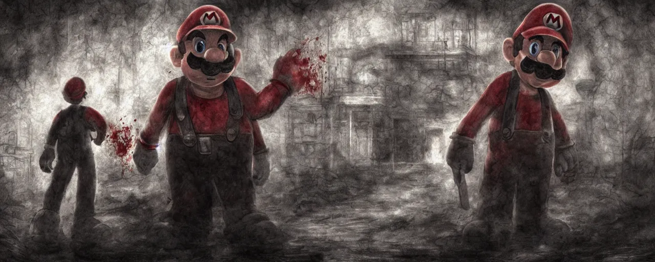 Prompt: concept art of mario from super mario bros lost in silent hill, resident evil, horror, occult, terror, mist, volumetric render, digital painting, detailed painting