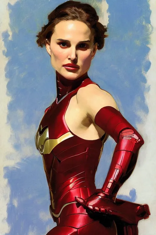 Image similar to elegant portrait of natalie portman as iron man by greg manchess, mucha, william adolphe bouguereau, john singer sargent, sorolla, winslow homer, dean cornwell, james gurney, daniel gerhartz