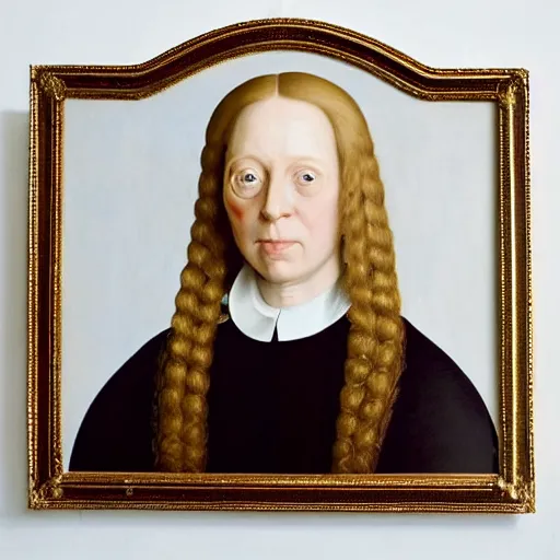 Image similar to president simone giertz, simone giertz presidential portrait, oval office painting. official portrait, painting by jan van eyck. oil on canvas, wet - on - wet technique, underpainting, grisaille, realistic. restored face.