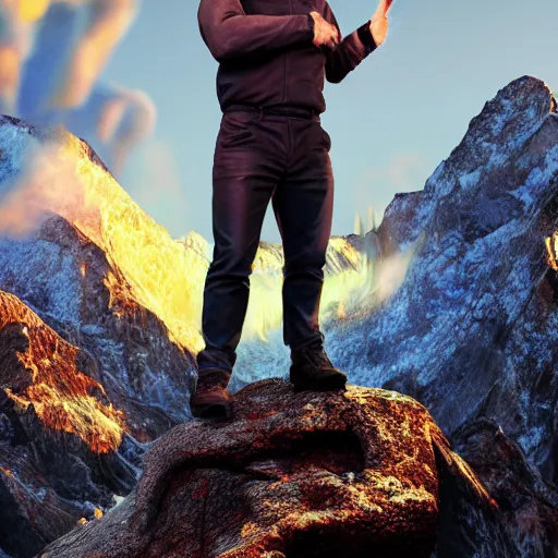 Image similar to photorealistic gordon ramsay standing atop mount olympus. hyperdetailed photorealism, 1 0 8 megapixels, amazing depth, high resolution, 3 d shading, 3 d finalrender, 3 d cinematic lighting, glowing rich colors, psychedelic overtones, artstation concept art.