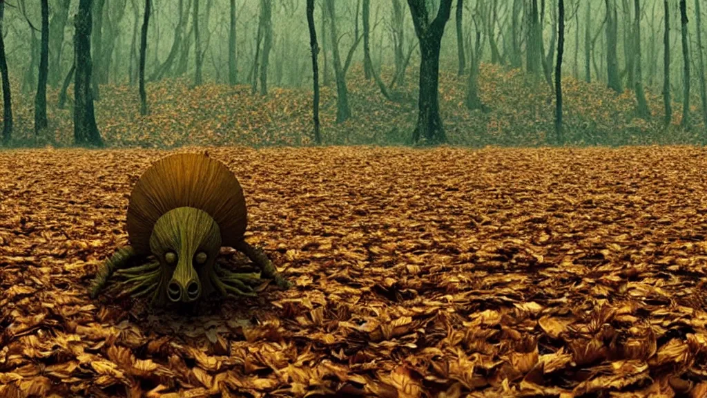 Image similar to the strange creature, made of leaves, film still from the movie directed by Denis Villeneuve with art direction by Salvador Dalí, wide lens