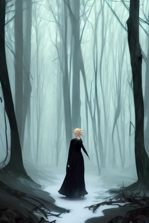 Image similar to elsa walking in a forest, winter, somber, sad, black dress, low light, foggy at dawn, sunlight visible through tree leaves, misty, magic, atmospheric art by artgerm and greg rutkowski and alphonse mucha and by artgerm, by studio muti, greg rutkowski makoto shinkai takashi takeuchi,