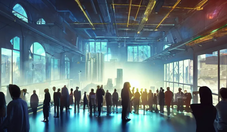 Image similar to crowd of people in simple windowed warehouse, looking at hologram of futuristic city on a table, cinematic concept art, godrays, golden hour, natural sunlight, 4 k, clear details, tabletop model buildings, center model buildings, hologram center, crane shot, crane shot, crane shot