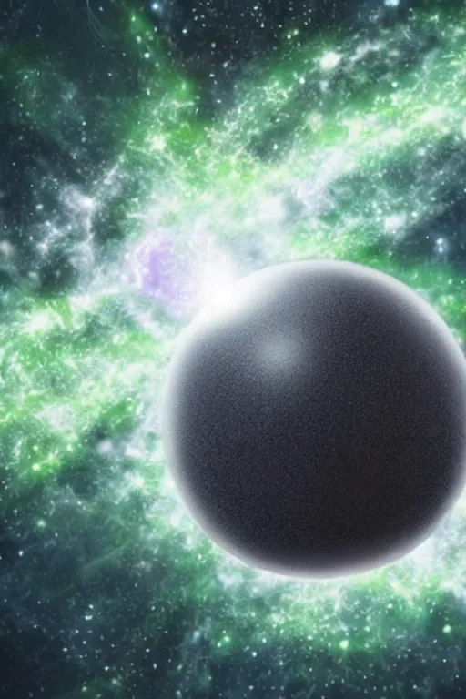 Prompt: a hyper realistic black sphere surrounded by green lightning and mist in the middle of the galaxy