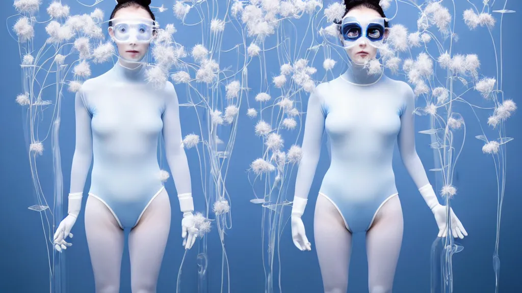 Image similar to symmetrical portrait of a woman wearing a blue embroidered translucent silicone mask and white frizzy hair buns, wearing a black bodysuit, standing in a sterile room full of translucent silicone white flowers and plants, white background, soft diffused light, biotechnology, humanoide robot, futuristic aesthetic, translucent, ethereal, intricate details, highly detailed, masterpiece,