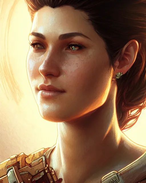 Image similar to Elena Fisher (Uncharted), closeup, D&D, fantasy, intricate, elegant, highly detailed, digital painting, artstation, concept art, matte, sharp focus, illustration, hearthstone, art by Artgerm and Greg Rutkowski and Alphonse Mucha