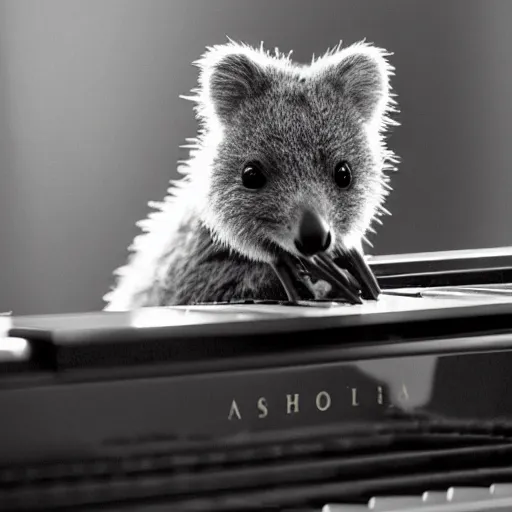 Image similar to a quokka playing on a grand piano, wearing a tuxedo, black and white soft light photograph