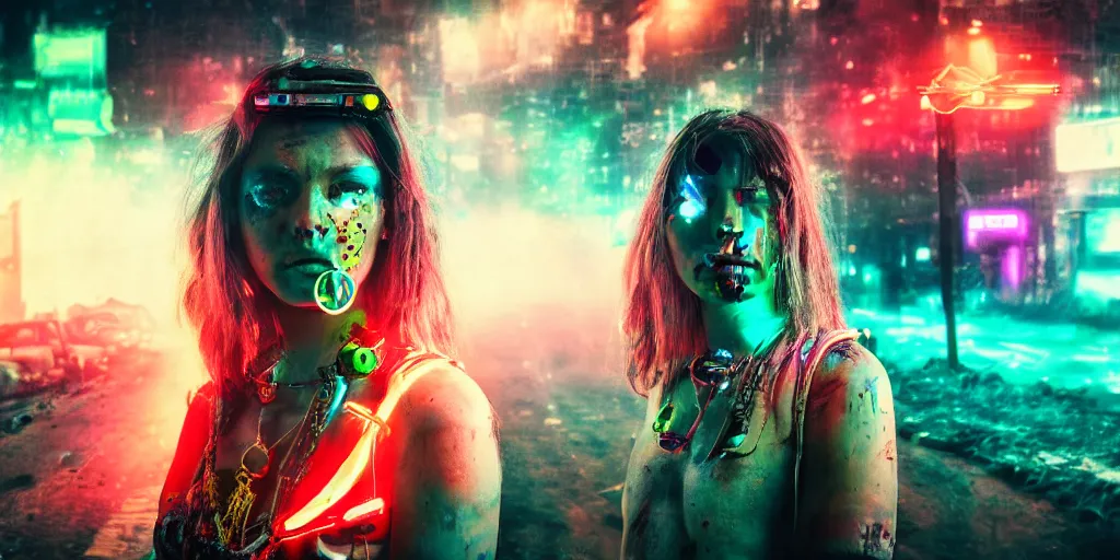 Image similar to post apocalyptic scene with half android half female wearing jewelry along mutated animals and colorful neon from far dystopian city, ultra wild lens, high details, 8k