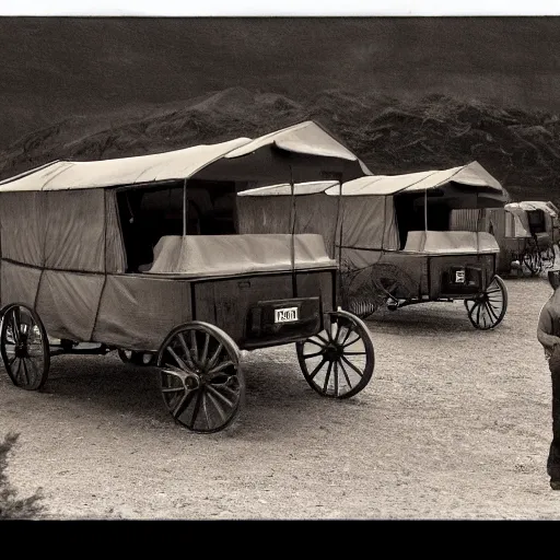 Prompt: a monochromatic sepia photograph of a delorean traveling in a group of covered wagons, trending on art station,