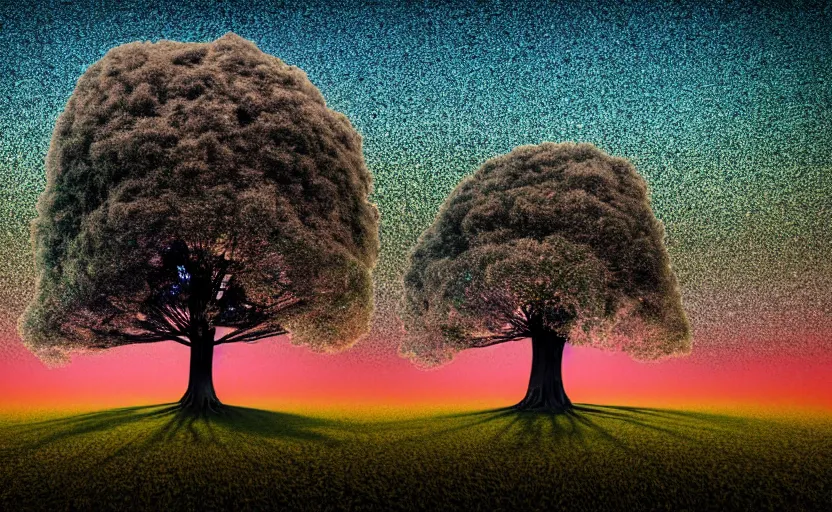 Image similar to one single stand alone huge hyperdetailed minimalist tree, seen from the long distance, at night. in a wood made of paper and plastics. maximalist unexpected elements. free sky in plain natural warm tones. 8 x 1 6 k hd mixed media 3 d collage in the style of a childrenbook illustration in pastel tones. matte matte background. no frame hd