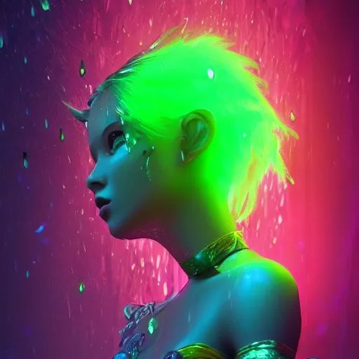 Image similar to stylish magical fairy, splashes of neon, cartoon portrait made out of rain, trending on artstation, epic composition, beautiful, rendered in octane, unreal engine, highly detailed, realistic