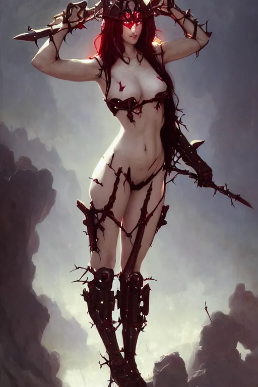 Prompt: Portrait of beautiful pale smiling cyborg succubus anime maiden in bikini armor with crown of thorns and glowing red eyes, steampunc, digital art from artstation by Ruan Jia and Mandy Jurgens and Artgerm and william-adolphe bouguereau