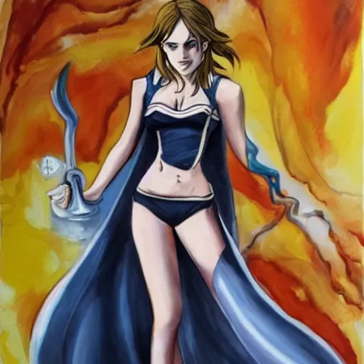 Image similar to beautiful emma watson cosplay as nami from one piece, oil painting, full body.