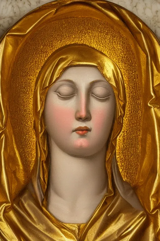 Prompt: Virgin Mary, suffering face, closeup, ultra detailed, made in gold, Guido Reni style