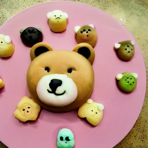 Prompt: cute japanese dessert in the shape of a bear pastel colors