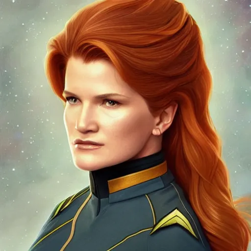 Image similar to ultra realistic illustration, bella thorne as captain janeway wearing star trek uniform, intricate, elegant, highly detailed, digital painting, artstation, concept art, smooth, sharp focus, illustration, art by artgerm and greg rutkowski and alphonse mucha