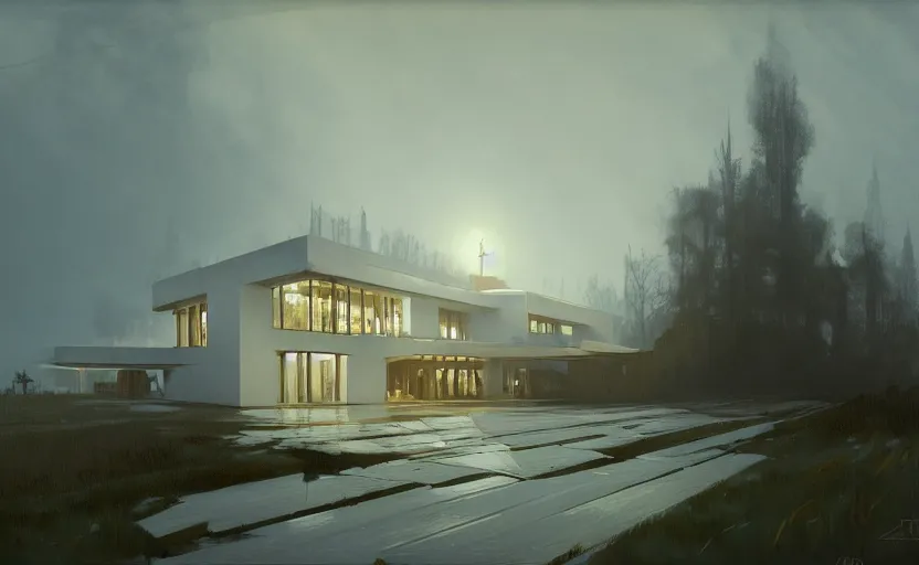 Prompt: painting of a wide angle exterior shot of a white modern architecture with cinematic lighting by peter zumthor, darek zabrocki and greg ruthkowski, alphonse mucha, simon stalenhag and cinematic and blue cold atmospheric, archillect concept art, artstation, trending on artstation