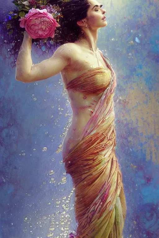 Image similar to portrait of a beautiful woman wearing a sari dress, holding a bouquet of flowing flowers, drenched body, wet dripping hair, emerging from the water, fantasy, regal, fractal crystal, fractal gems, by stanley artgerm lau, greg rutkowski, thomas kindkade, alphonse mucha, loish, norman rockwell