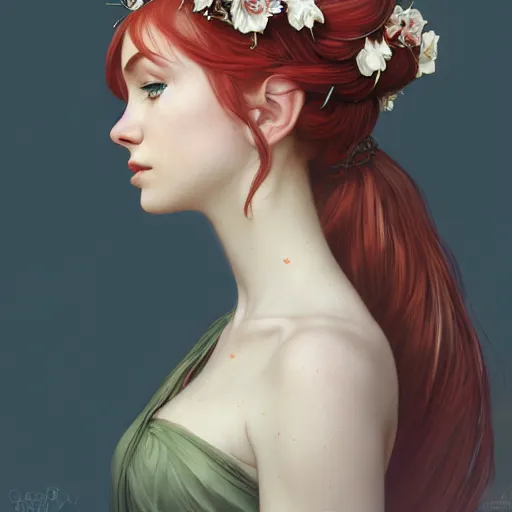 Prompt: side portrait of very beautiful elf, white flower crown, hair over face, headshot, looking up, hyper realistic, pale skin, bright red hair, 4k, rule of thirds, extreme detail, detailed drawing, trending artstation, hd, fantasy, D&D, realistic lighting, by Alphonse Mucha, Greg Rutkowski, sharp focus, backlit, elegant