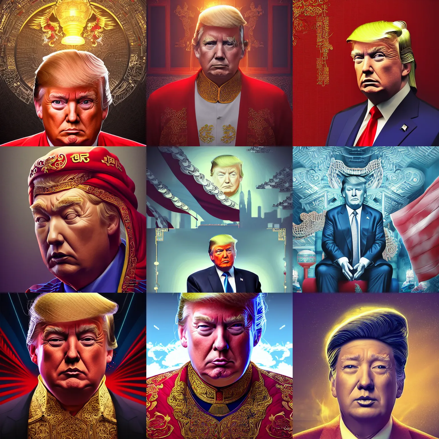 Prompt: portrait isometric drawing, donald trump in traditional chinese costume, intricate, epic lighting, cinematic composition, hyper realistic, 8k resolution, unreal engine 5, by Artgerm, tooth wu, dan mumford, beeple, wlop, rossdraws, James Jean, Andrei Riabovitchev, Marc Simonetti, yoshitaka Amano, Artstation