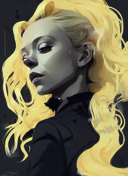 Prompt: highly detailed closeup portrait of beautiful portia doubleday, blonde wavy hair, angela moss, black suit by atey ghailan, by greg rutkowski, by greg tocchini, by james gilleard, by joe fenton, by kaethe butcher, gradient yellow, black and white color scheme, grunge aesthetic!!! ( ( graffiti tag wall background ) )