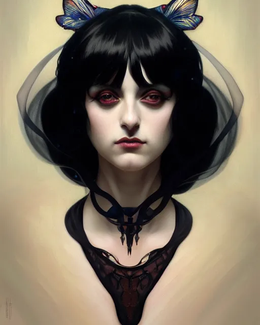 Prompt: symmetry portrait of lydia deetz, glam, gothic, glowing skin intricate, elegant, highly detailed, digital painting, artstation, concept art, smooth, sharp focus, illustration, art by artgerm and greg rutkowski and fra angelico and alphonse mucha