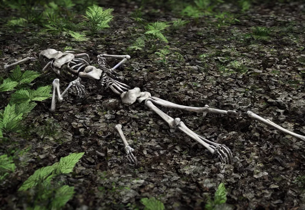 Image similar to close up of a decaying skeleton protruding barely from the dirt in a dense forrest, rain, realism, close up, unreal engine 5.