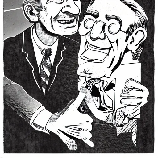 Image similar to mr. rogers being physically overpowered by an evil puppet, detailed horror illustration