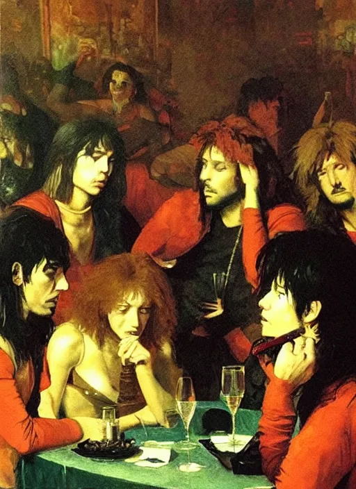 Prompt: glam rocker drinking brutal and raw wine bacchanals with his friends, inside a green room with red lights, renaissance painting, greg rutkowski, makoto shinkai, joaquin sorolla, extremely detailed