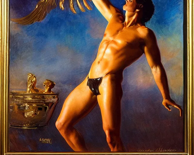 Image similar to attractive oiled up glossy man posing in front of a huge golden bitcoin, angelic light, commercial by annie liebovitz, tom finland gaston bussiere, j. c. leyendecker