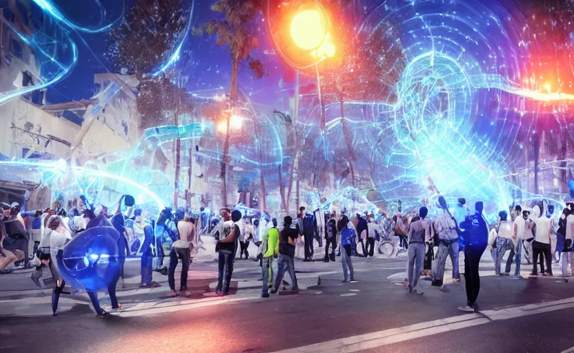 Image similar to crowd of crazy people with posters attacking cops in front a huge blue spiral - shaped bright white luminous attractor that is floating and stores in los angeles with light screens all over the street, concept art, art for the game, professional lighting, night lighting from streetlights