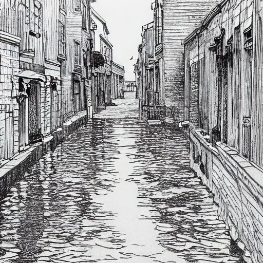 Image similar to water flowing through the streets in old city, sideview, drawing by moebius