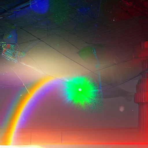 Image similar to rainbow lasers in the night sky, hyperrealistic, volumetric lighting, featured on artstation, highly detailed, 8 k